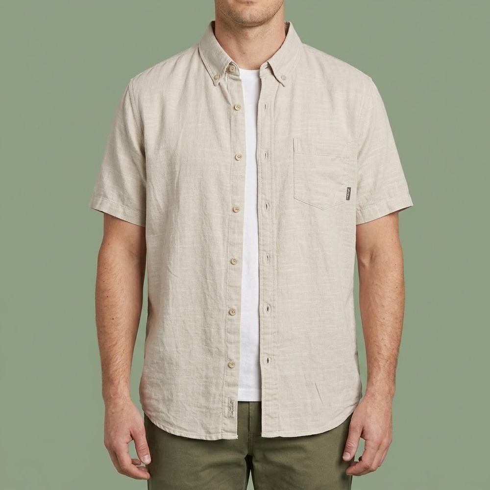 Eddie Bauer Short Sleeve Button Up Shirt Mens L Beige‎ Linen Blend